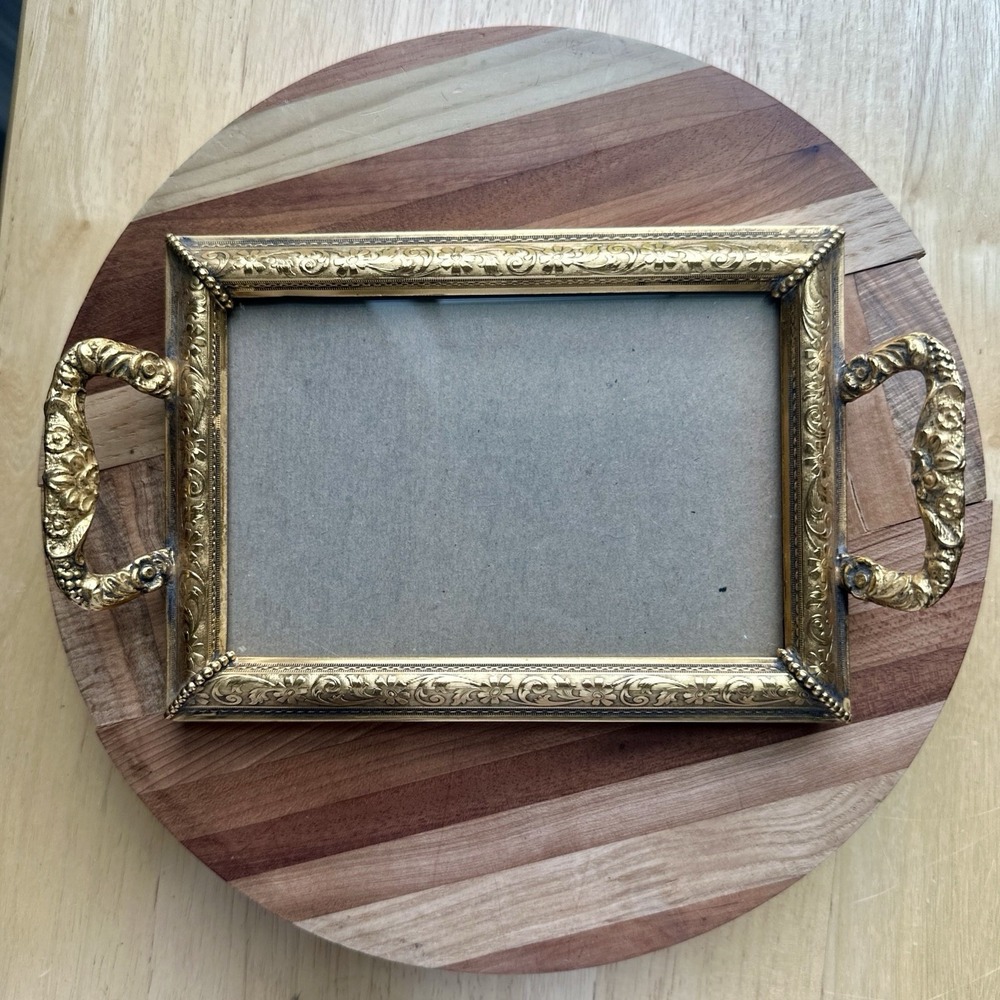 Vintage Picture Vanity Tray‎ 8.5 Inch Handles Velvet Gold Plate Ornate Flowers